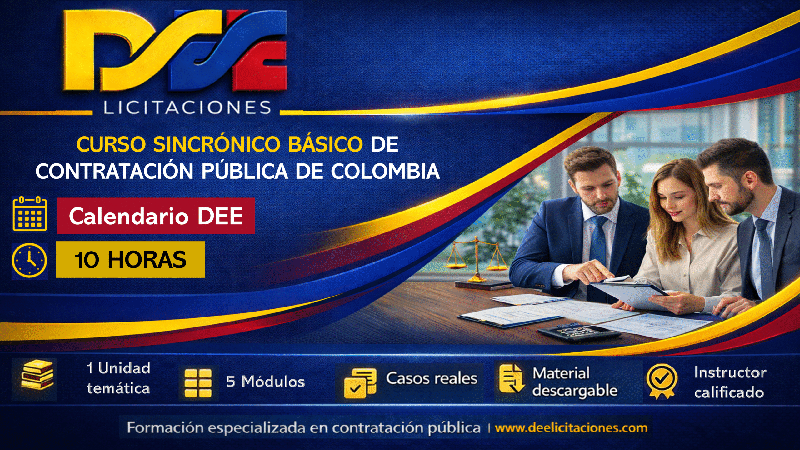 Curso sincrónico básico de contratación pública de Colombia, calendario DEE, dictado por instructor